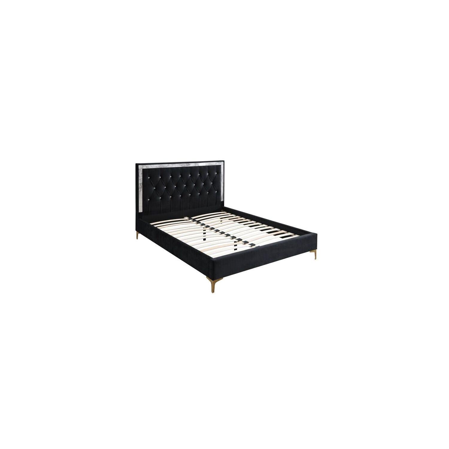 Black Tufted Upholstered King Bed with Faux Marble Trim