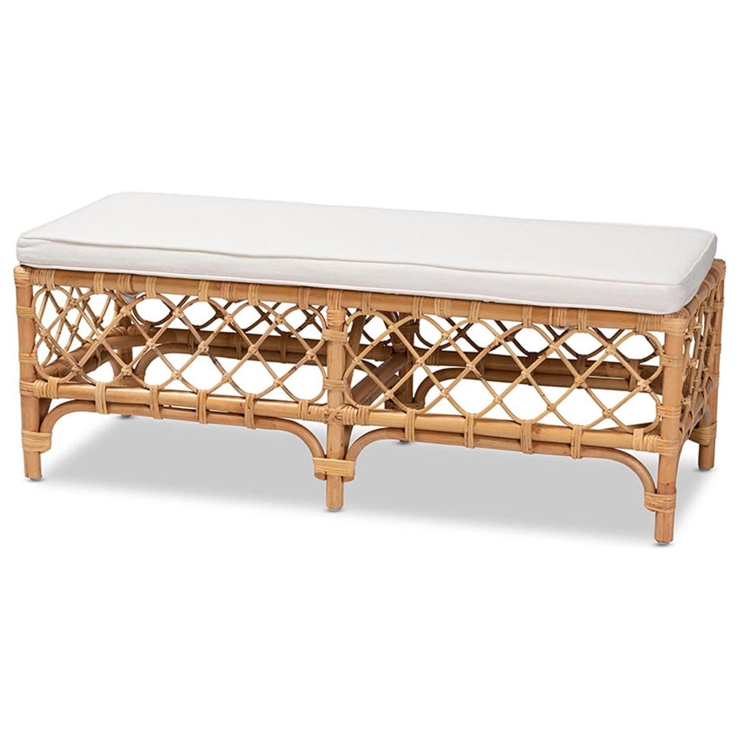 Serene Orchard White Fabric and Natural Rattan Bench - 48"