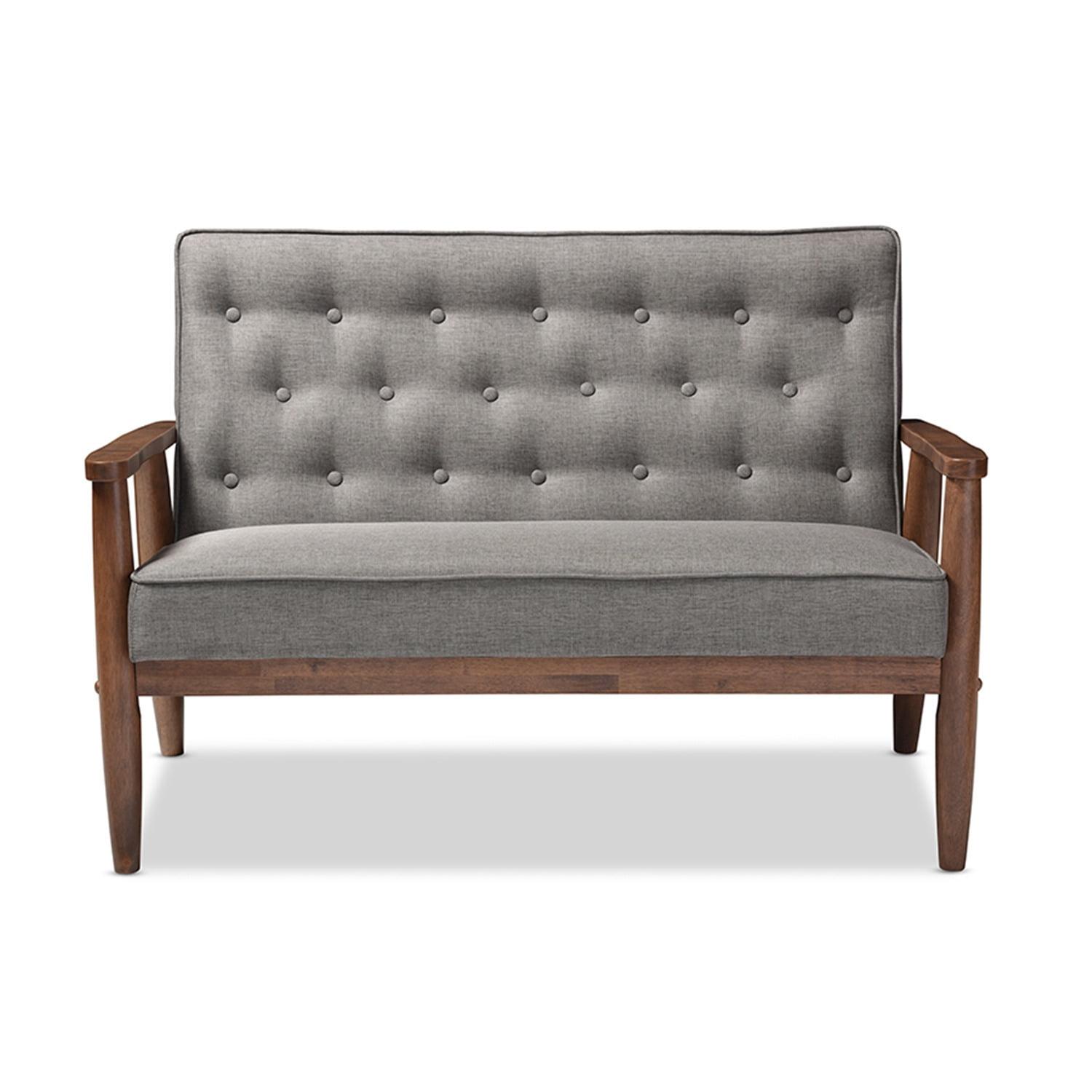 Sorrento Mid-Century Gray Faux Leather Tufted Loveseat with Wooden Legs