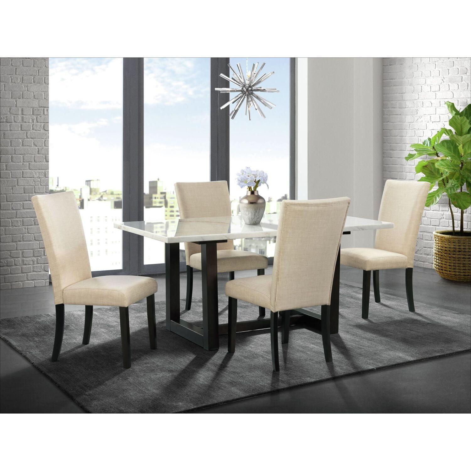 Florentina 5-Piece White Marble Dining Set with Upholstered Chairs