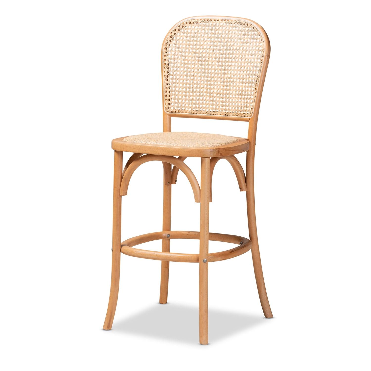 Natural Beige Wood and Rattan Counter Stool