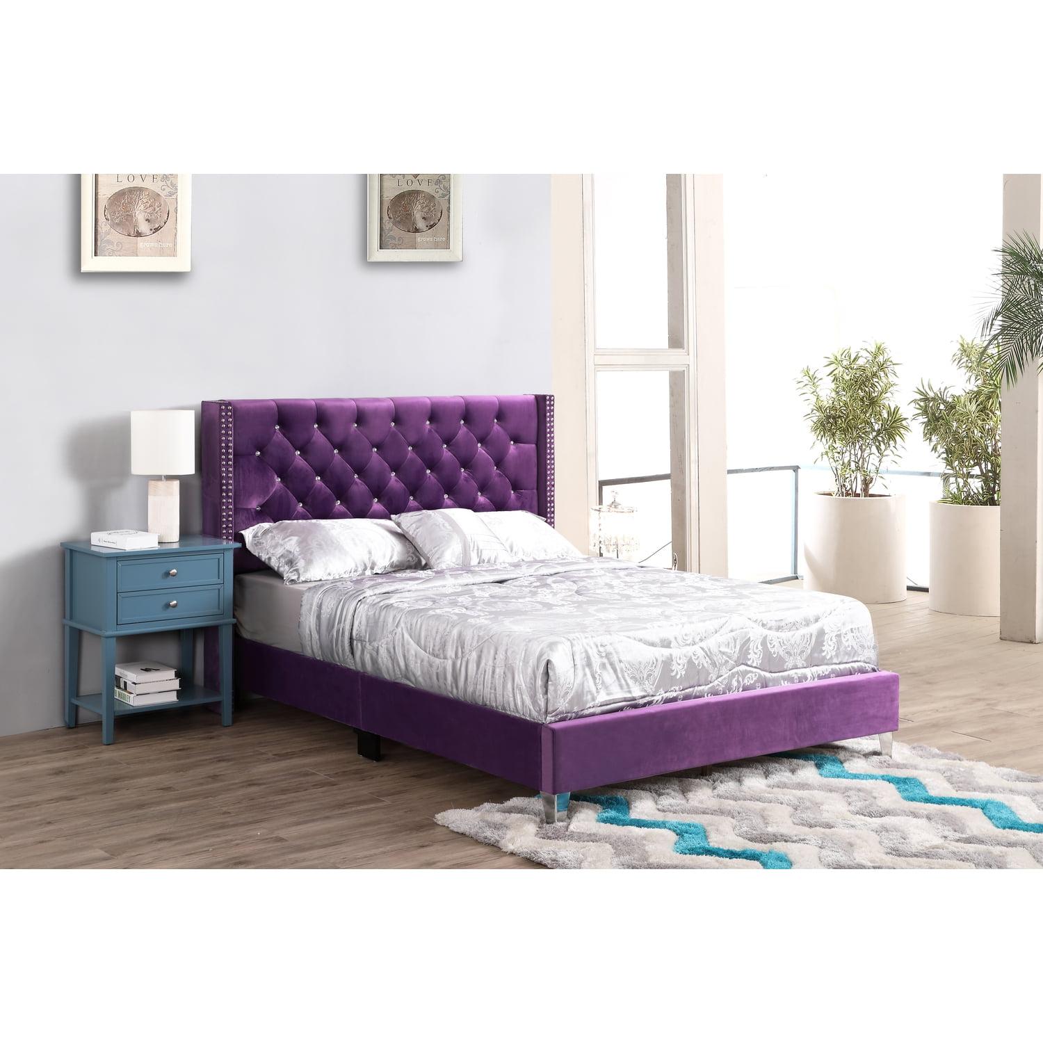 Purple Tufted Upholstered Queen Bed with Nailhead Trim