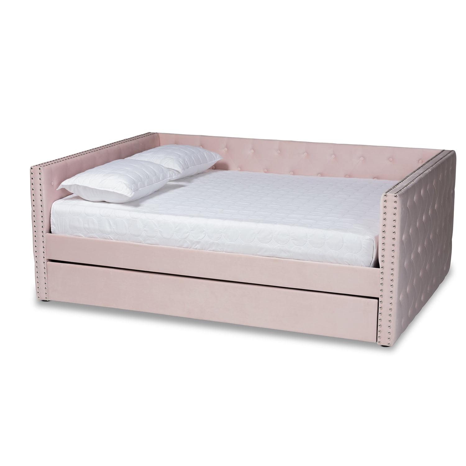 Bowery Hill Pink Velvet Upholstered Queen Size Daybed with Trundle