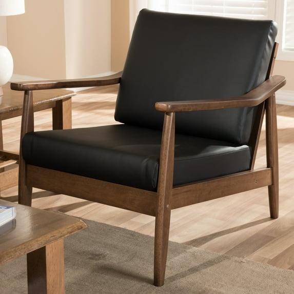 Venza Mid Century Modern Walnut Wood Faux Leather Lounge Chair Black - Baxton Studio: Indoor Armchair, Rubberwood Frame