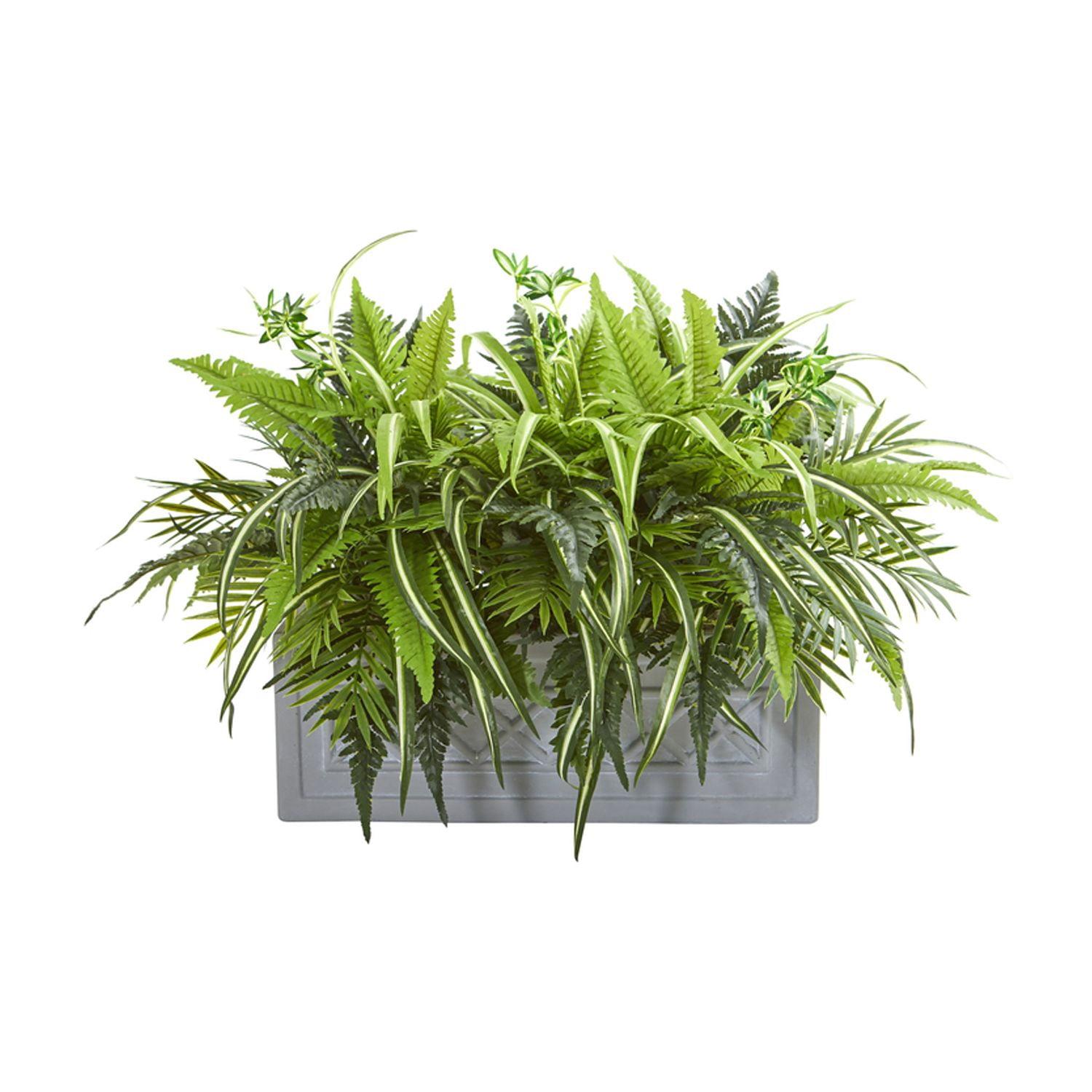 Nearly Natural Mixed Greens and Fern Artificial in Stone Planter
