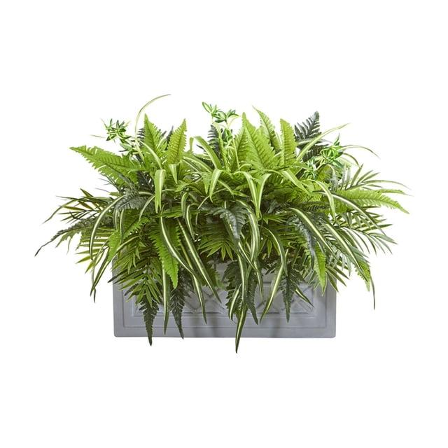 Nearly Natural Mixed Greens and Fern Artificial in Stone Planter