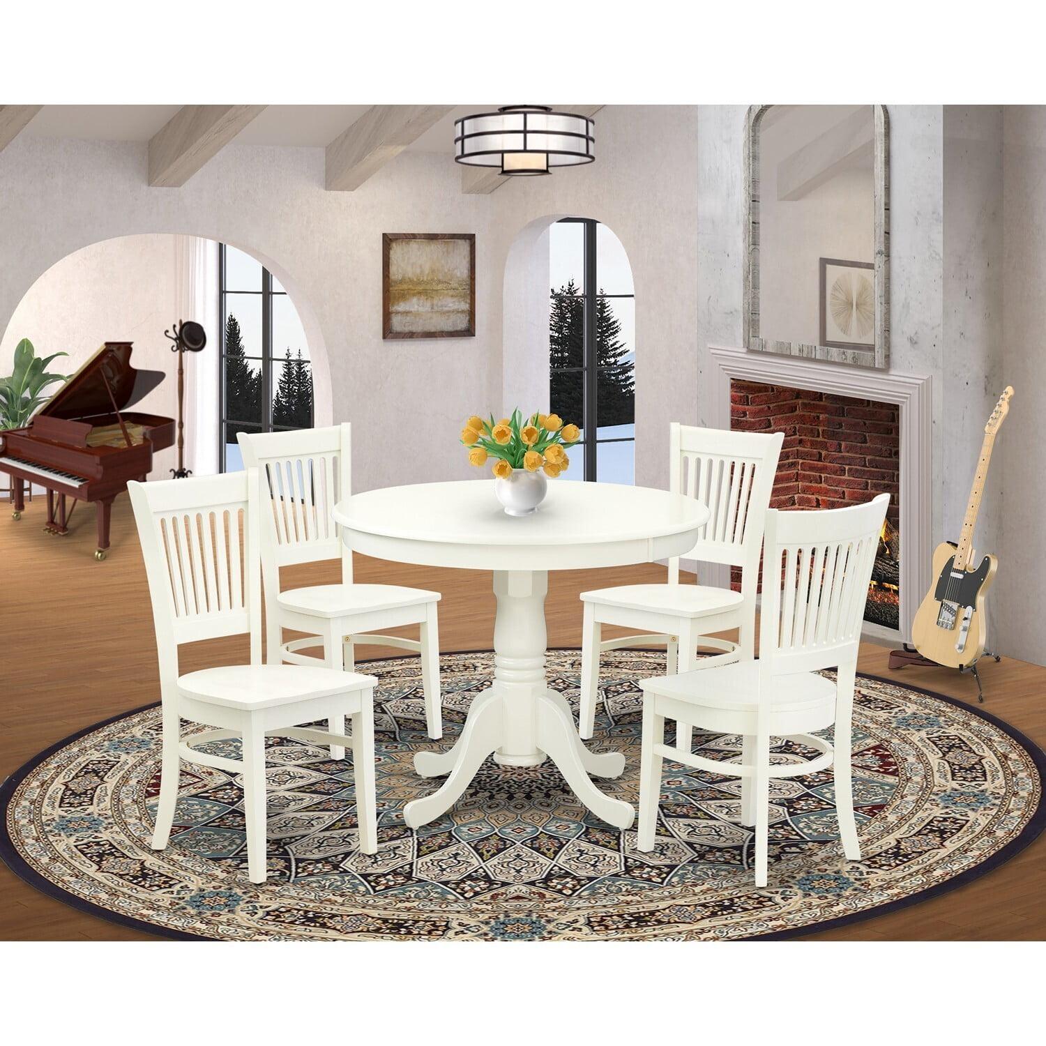 Linen White Round Pedestal Dining Table Set with 4 Slatted Back Chairs