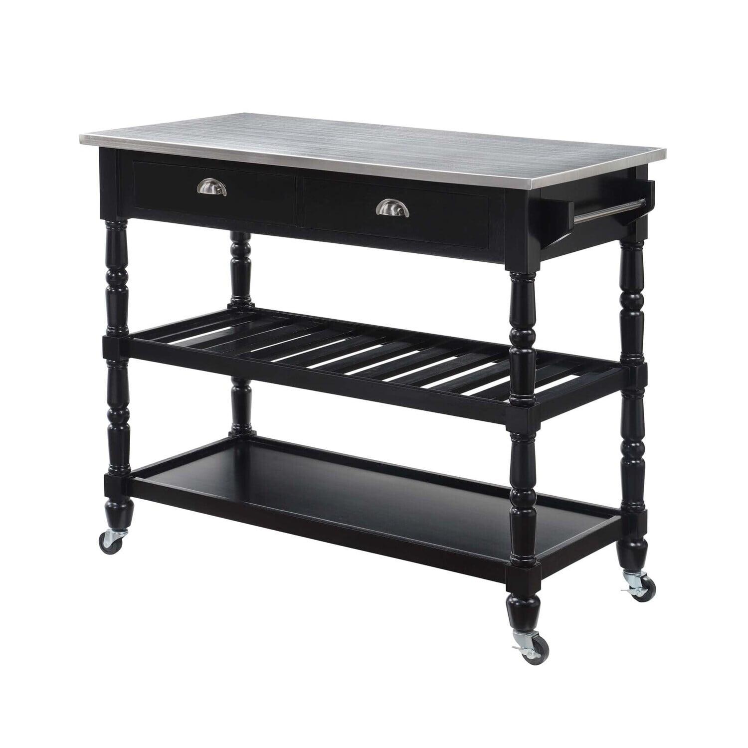 French Country Elegance Stainless Steel & Black Kitchen Cart with Wine Storage