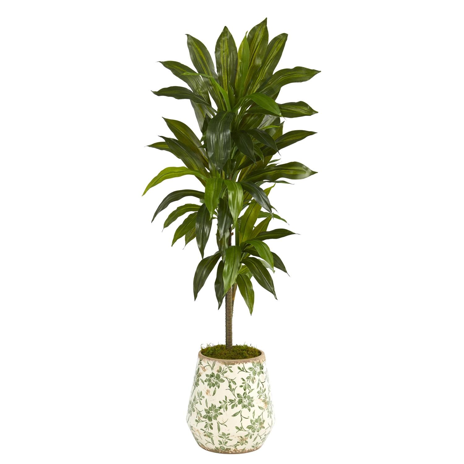 Nearly Natural 4-ft Dracaena Artificial Plant in Flower Print Planter (Real Touch)