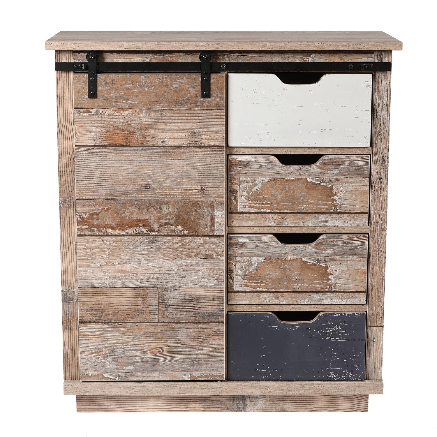 LuxenHome Rustic Wood 4-Drawer 1-Sliding Door Storage Cabinet Brown, White, Gray