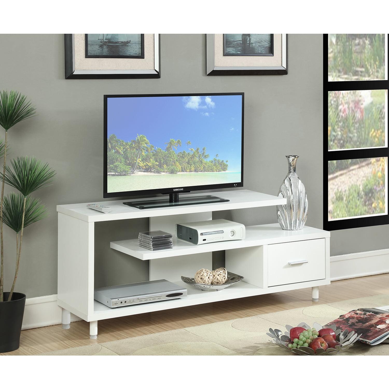 White Modern Engineered Wood TV Stand with Drawer and Shelves