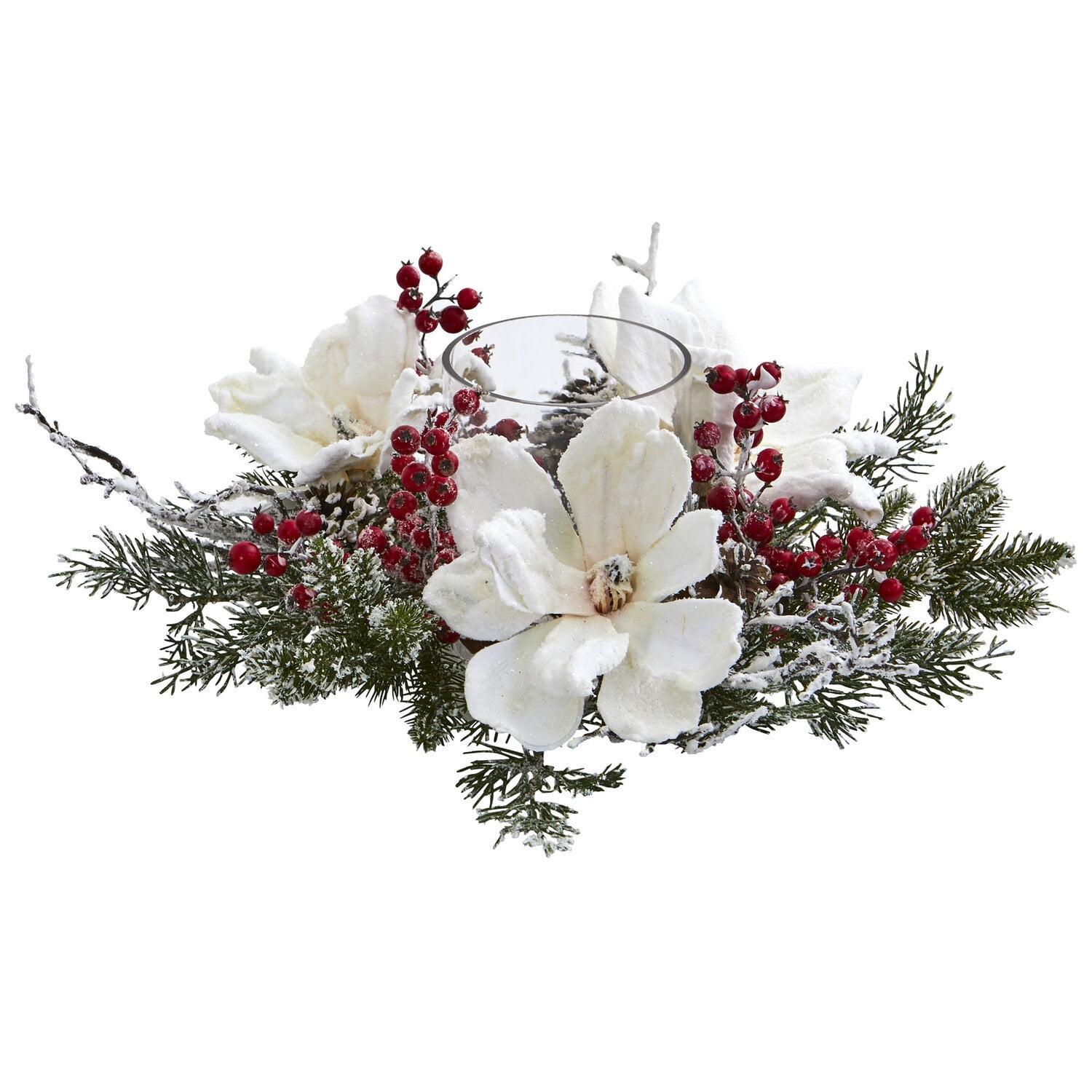 6.5" x 17" Artificial Frosted Magnolia and Berry Plant Arrangement Candelabrum - Nearly Natural: Christmas Decor Centerpiece