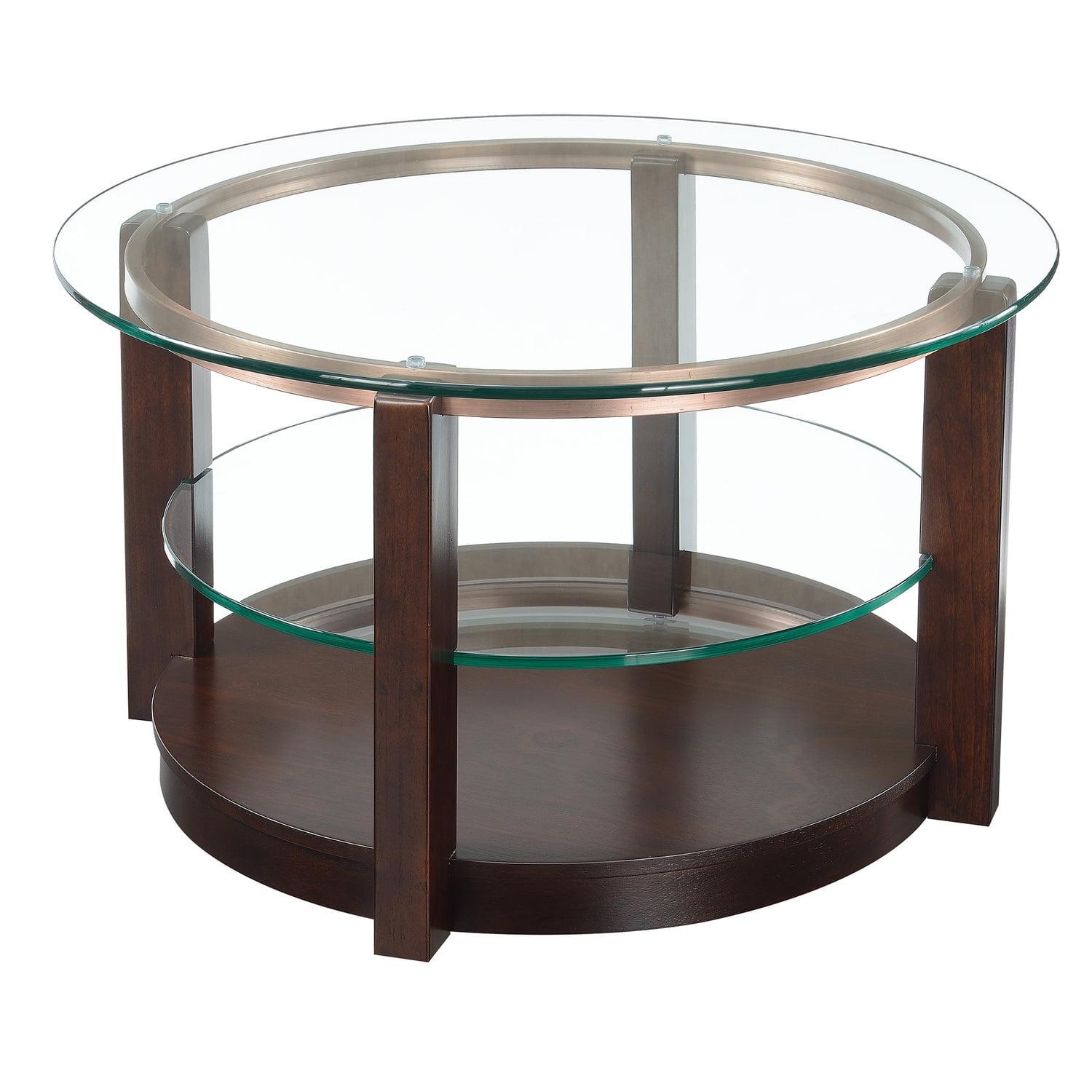 Espresso Round Wood and Glass Coffee Table with Interior Shelf
