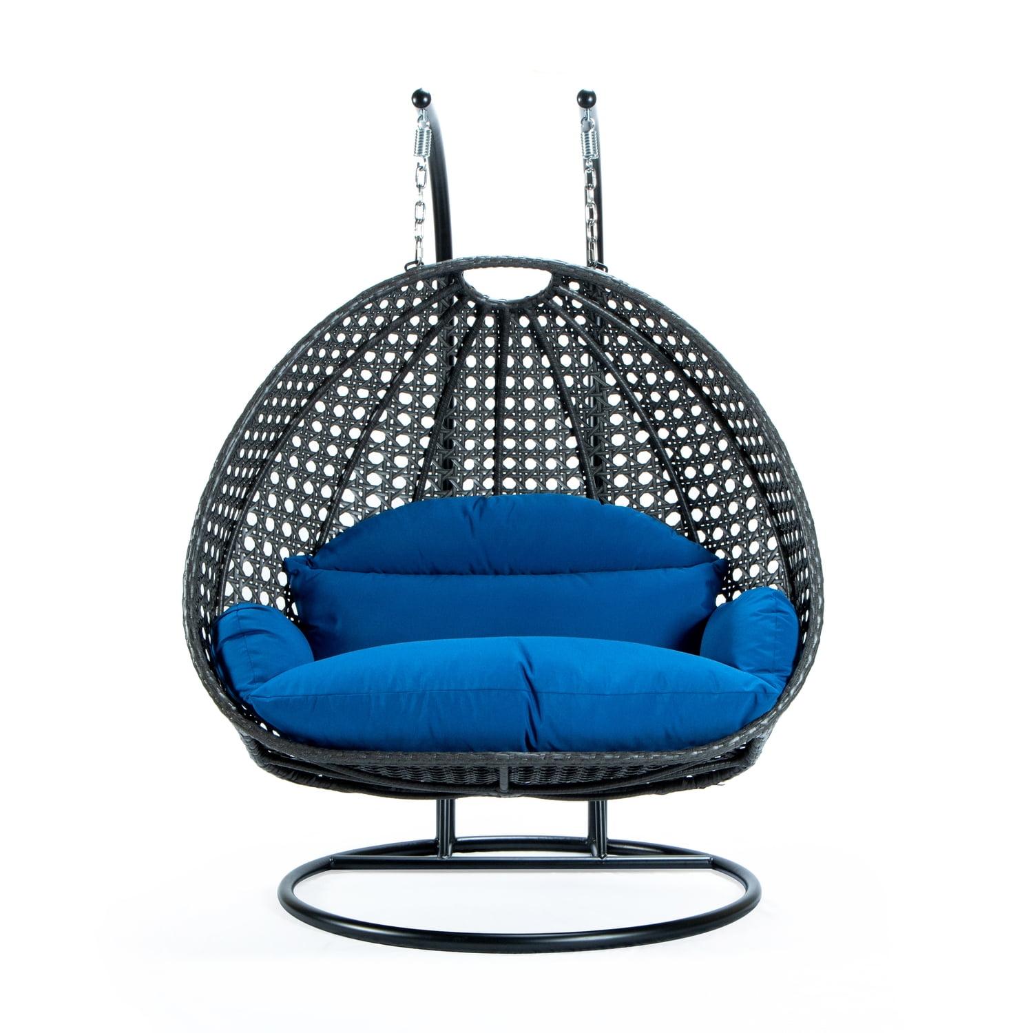 Charcoal Wicker Hanging Egg Chair with Blue Cushions