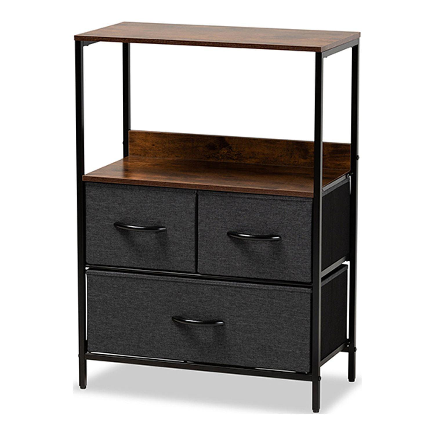 Modern Industrial Gray Fabric and Walnut Wood 3-Drawer Office Cabinet