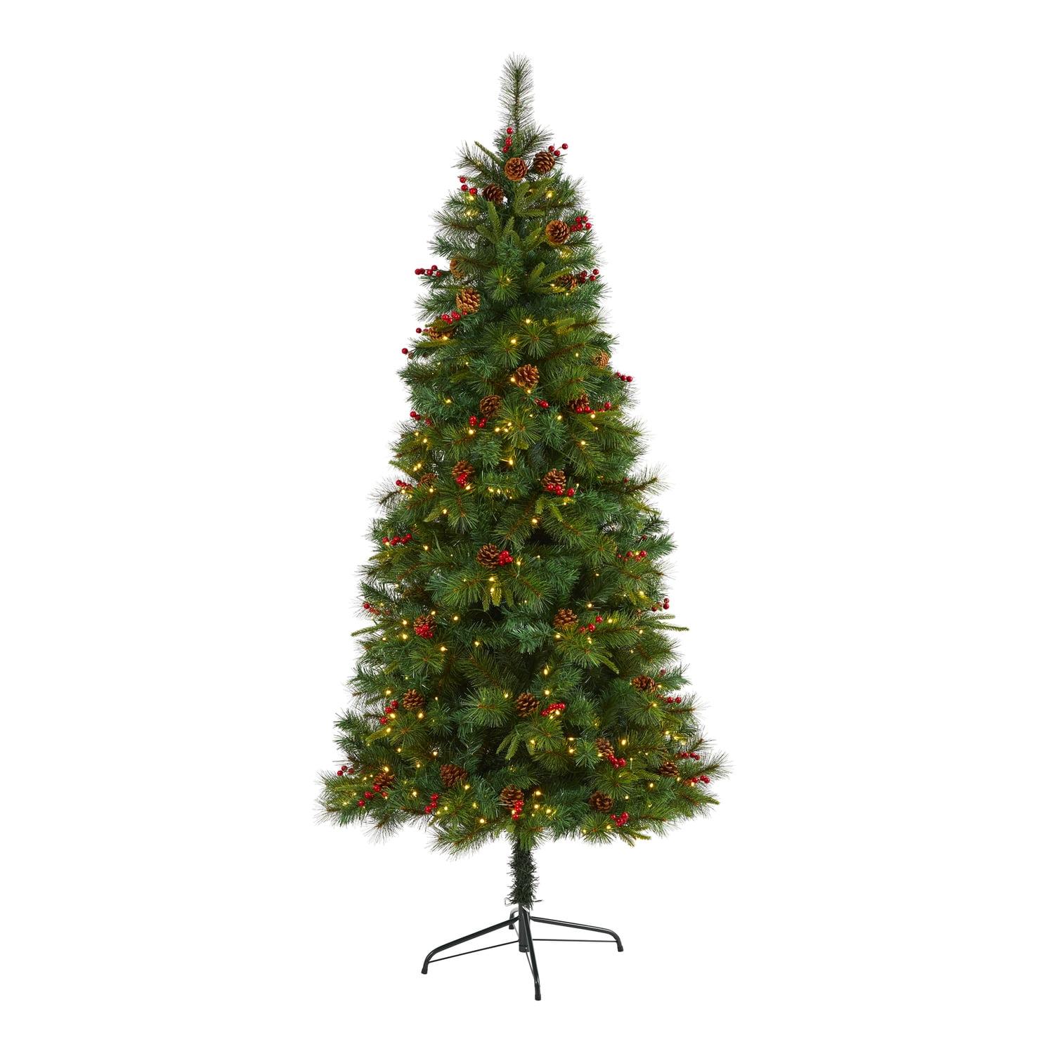 7ft Green Pine Artificial Christmas Tree with LED Lights and Pinecones