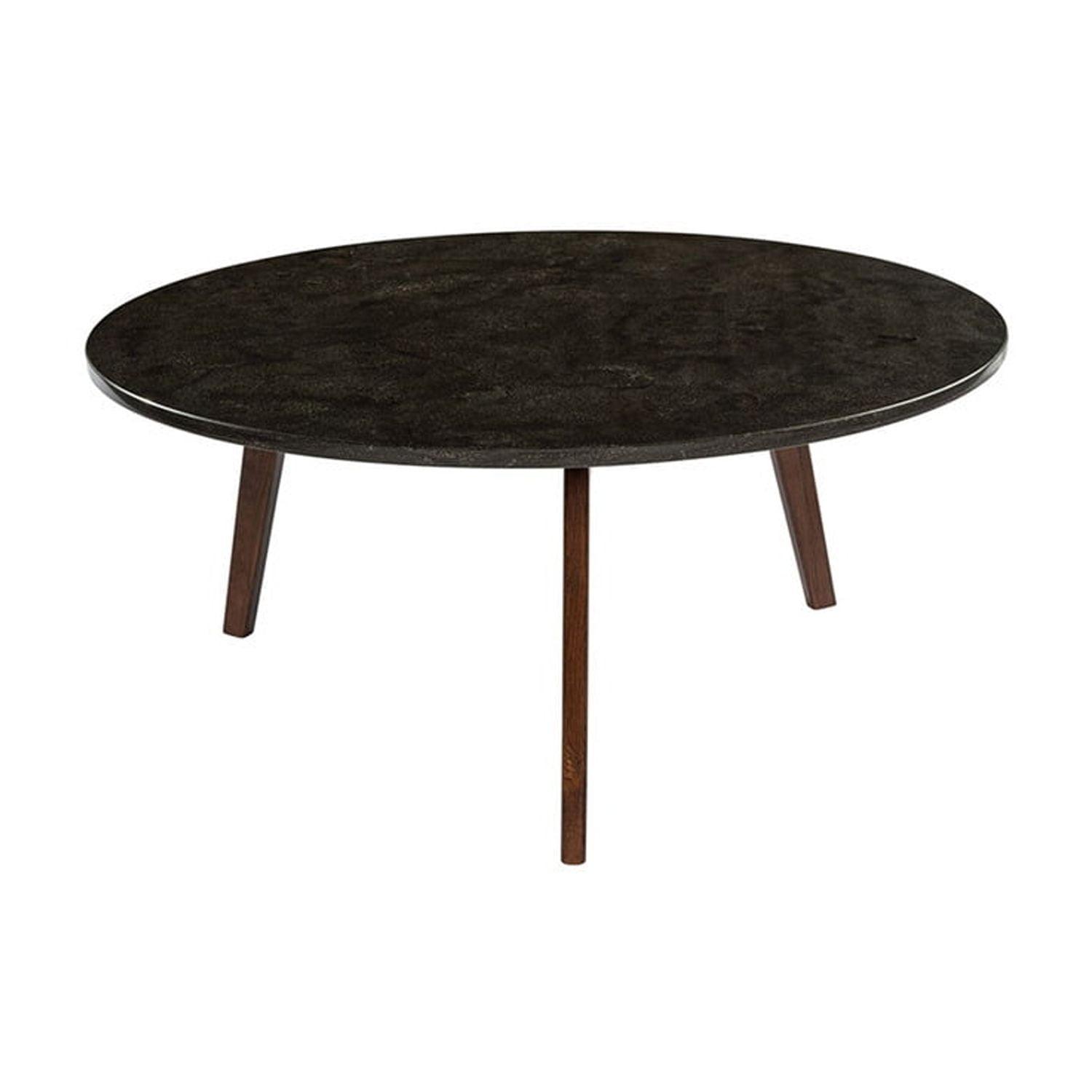 The Bianco Collection Stella 31" Round Italian Black Marble Coffee Table with Walnut Legs