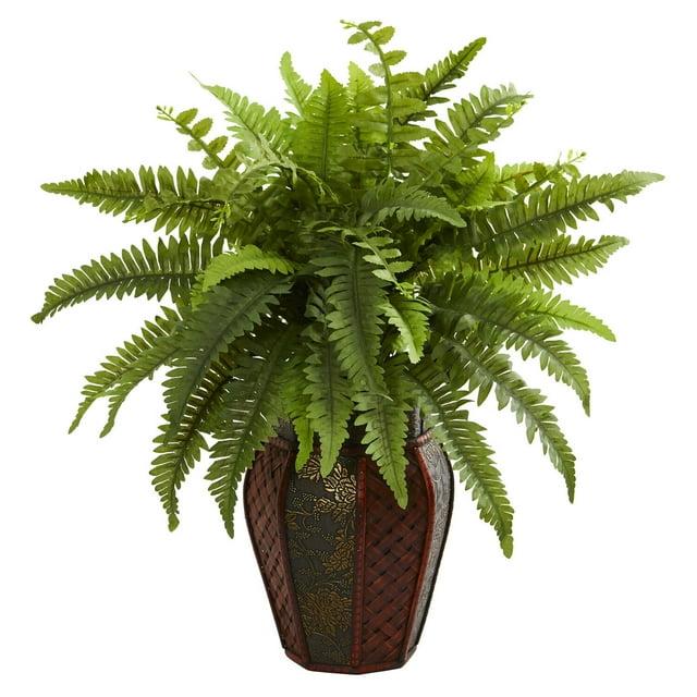 Nearly Natural 20" x 14" Artificial Boston Fern Plant in Decorative Planter Brown - Indoor Faux Foliage Display
