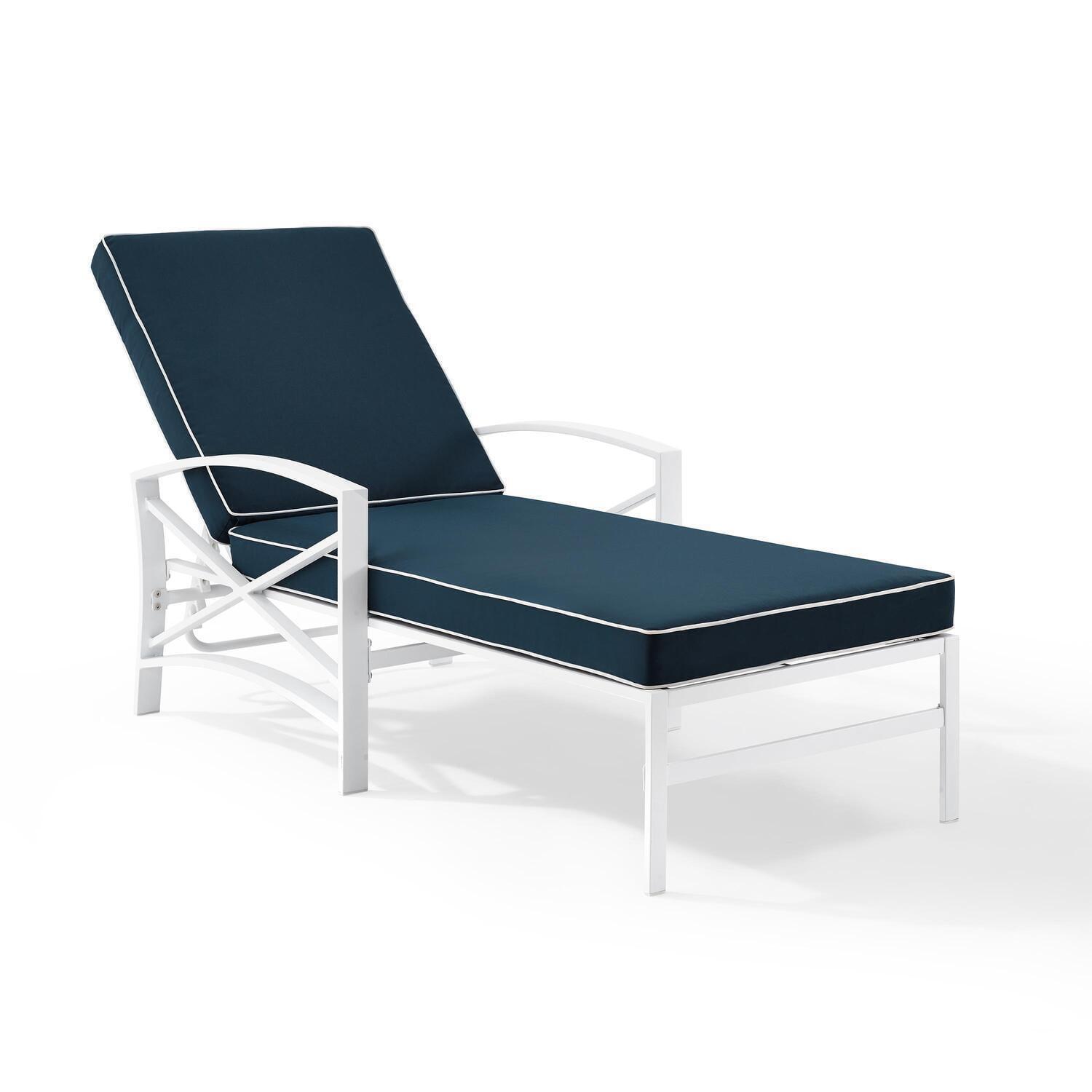 Kaplan White Metal Chaise Lounge with Navy Cushions