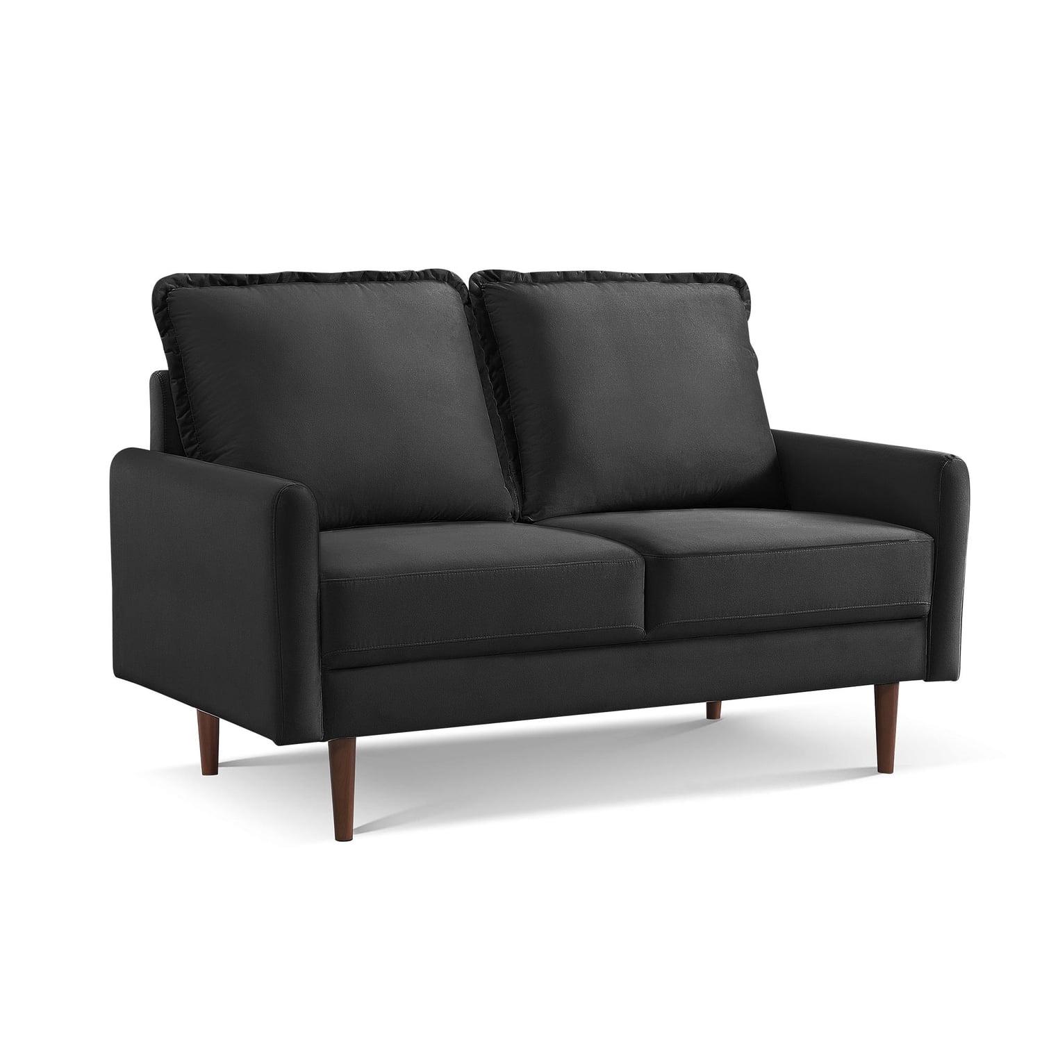57 Inch Wide Upholstered Two Cushion Loveseat with Cambered Arms in Black Velvet