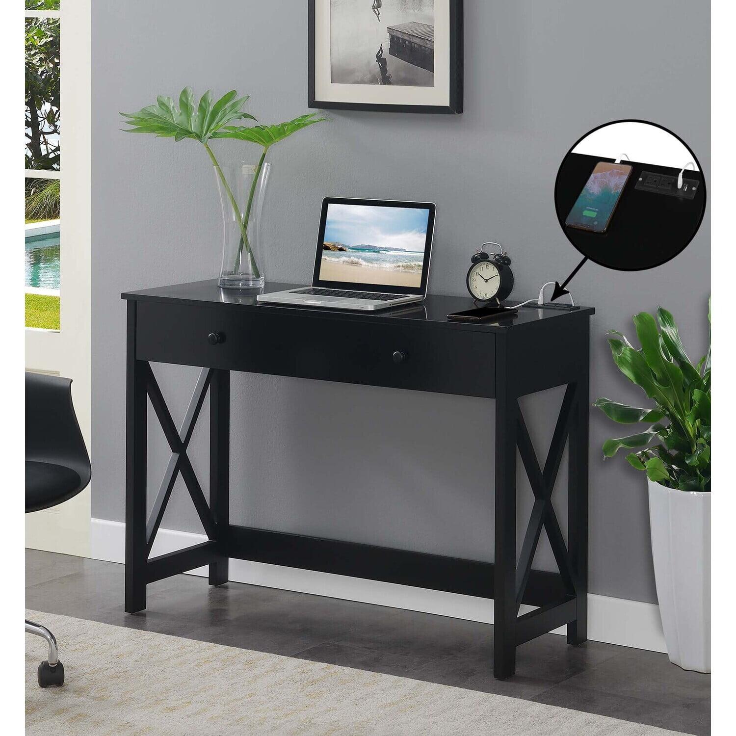 Convenience Concepts Oxford 1 Drawer 42-inch Desk with Charging Station, Black, All Ages