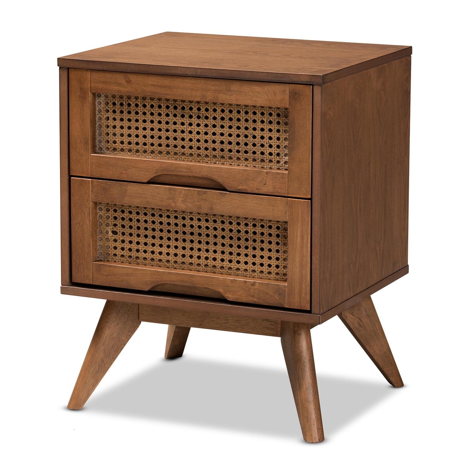 Barrett Wood & Synthetic Rattan Nightstand: 2 Drawers, Angled Legs - Baxton Studio