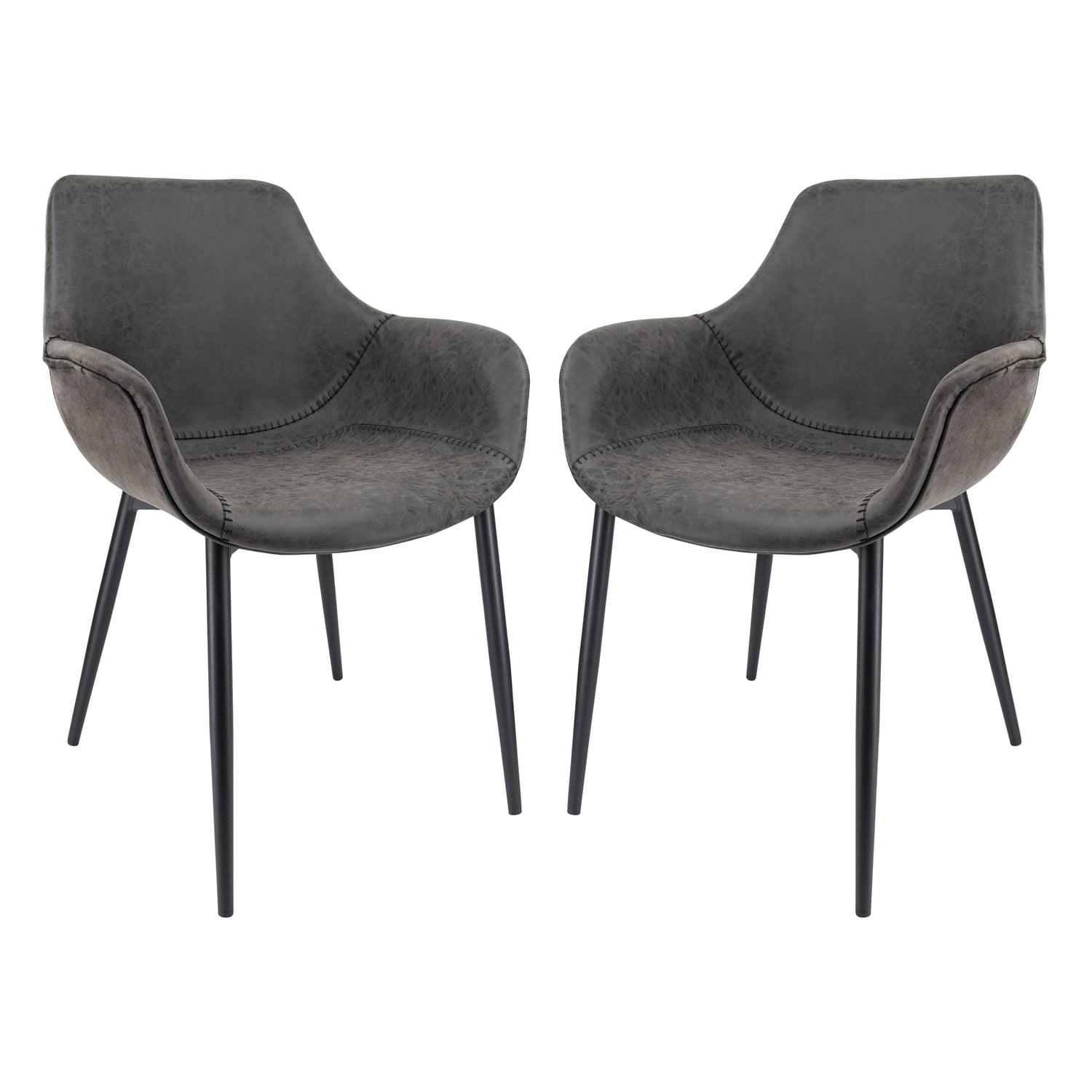 Markley Modern Leather Dining Arm Chair With Metal Legs Set of 2 - Charcoal Black