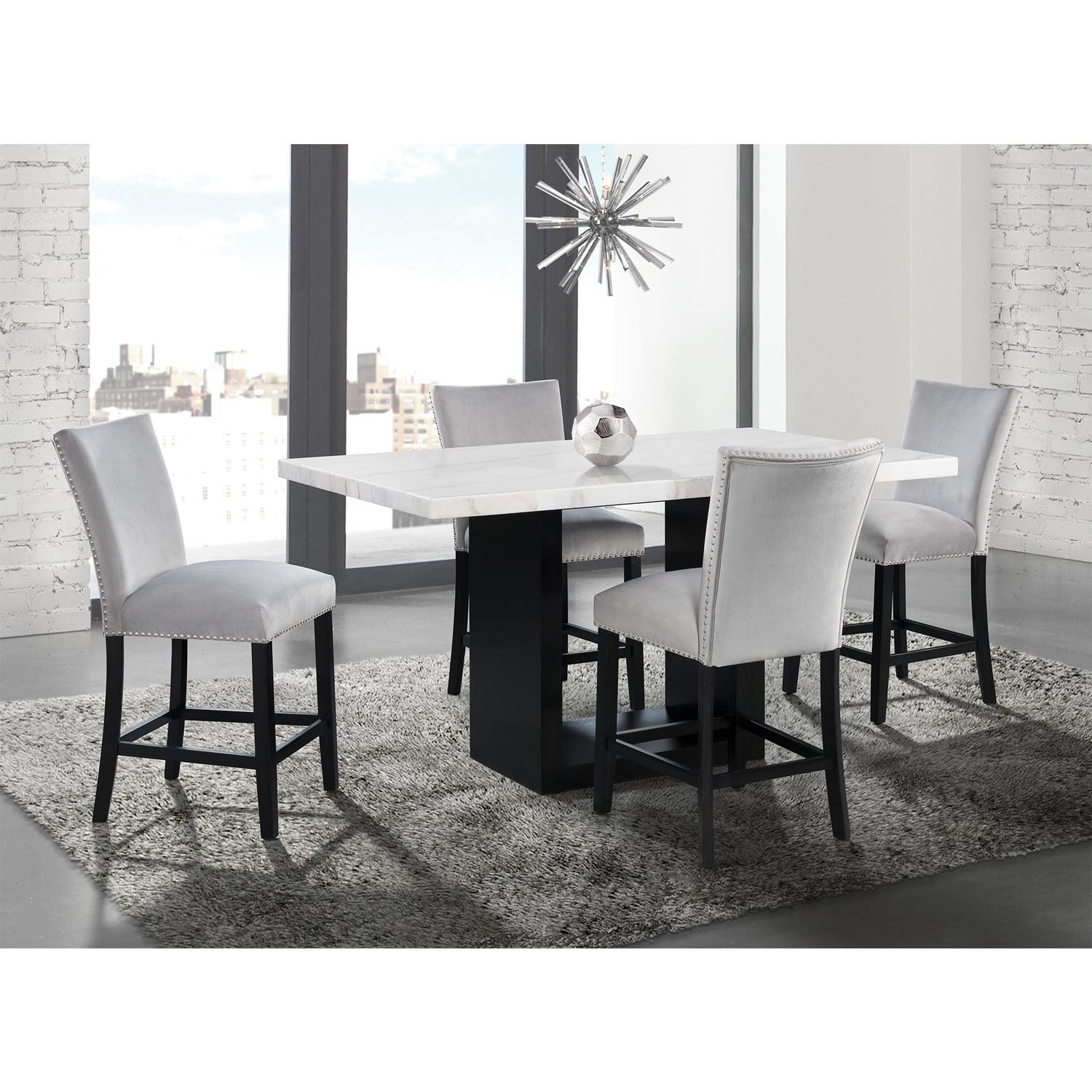 Willow White Marble 5 Piece Counter Height Dining Set with Gray Velvet Chairs