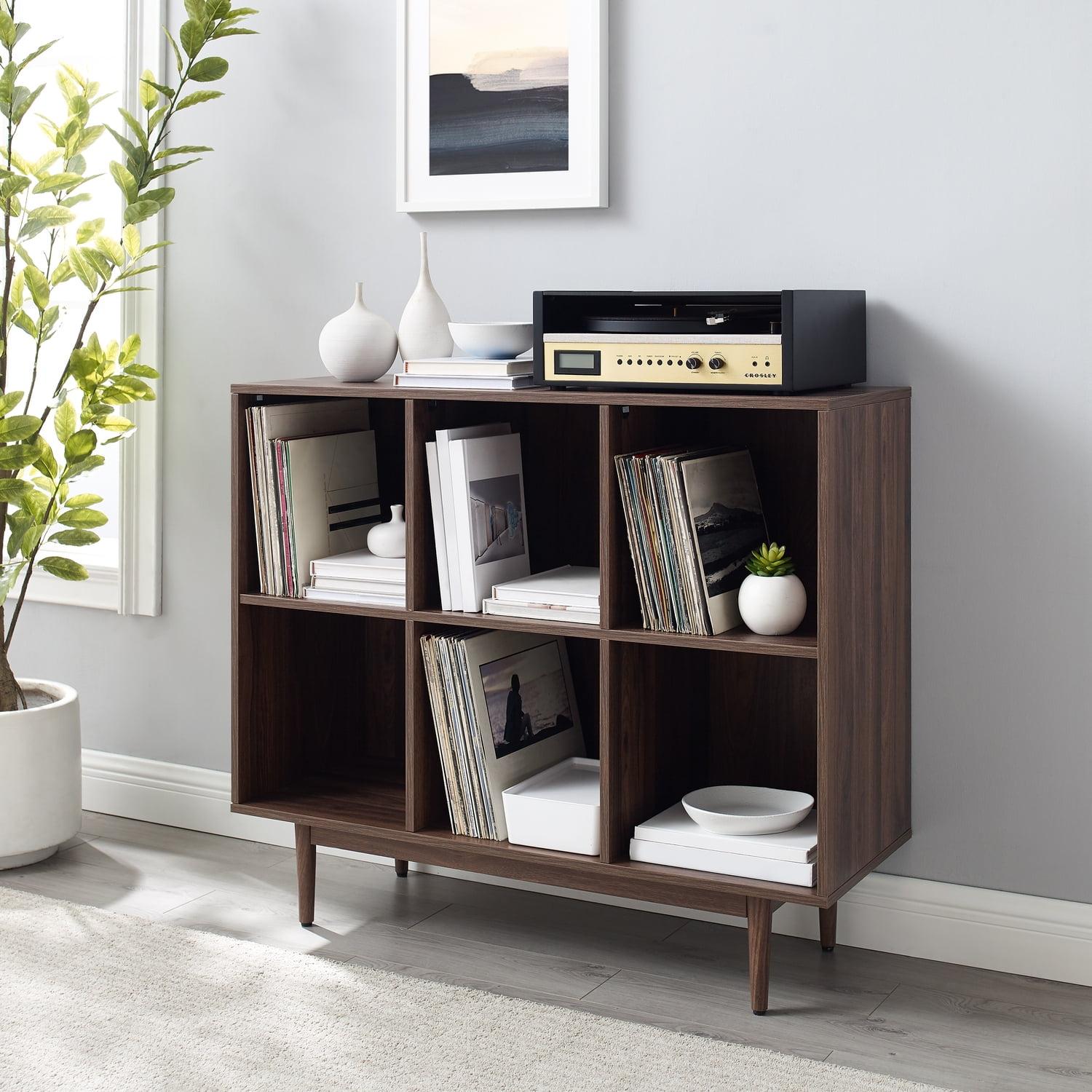35.88" Liam 6 Cube Bookcase Walnut - Crosley: Mid-Century Design, Media Center-Compatible, Tapered Legs