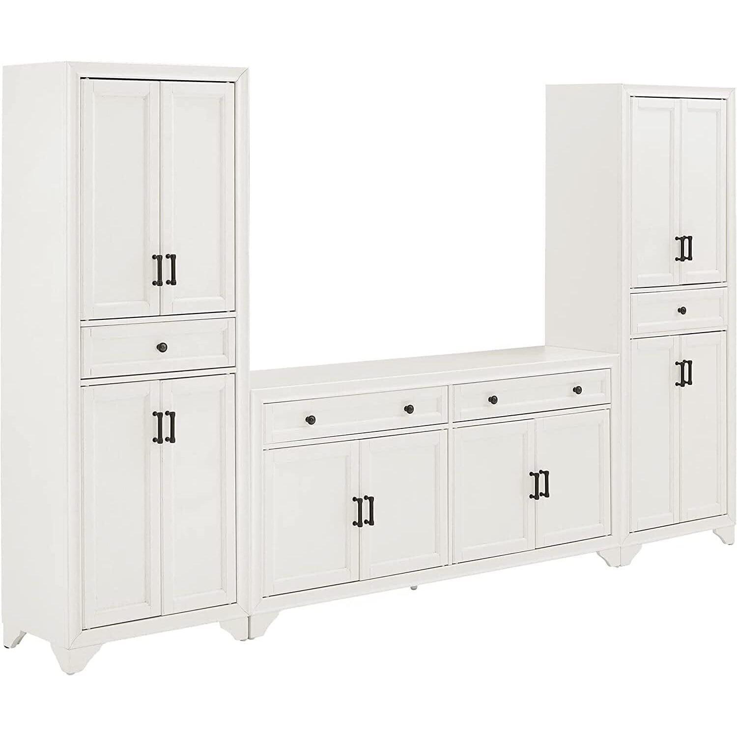 3pc Tara Sideboard and Pantry Set Distressed White - Crosley: Kitchen Storage, Adjustable Shelves, MDF