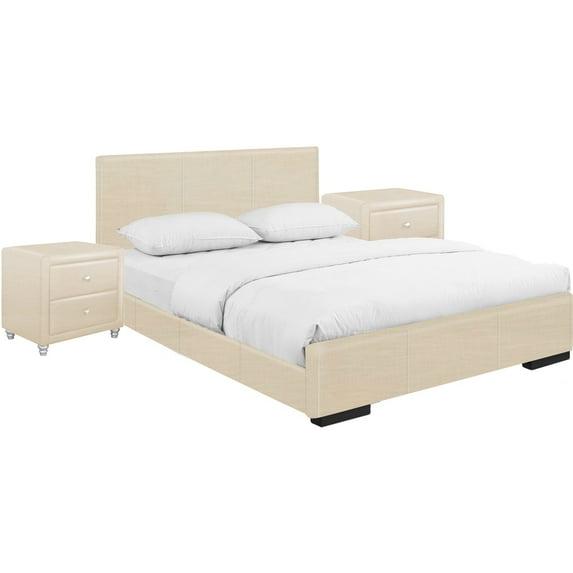 Camden Isle Hindes Platform Bedroom Set | Upholstered | Low Profile | King, Beige + 2 Nightstands