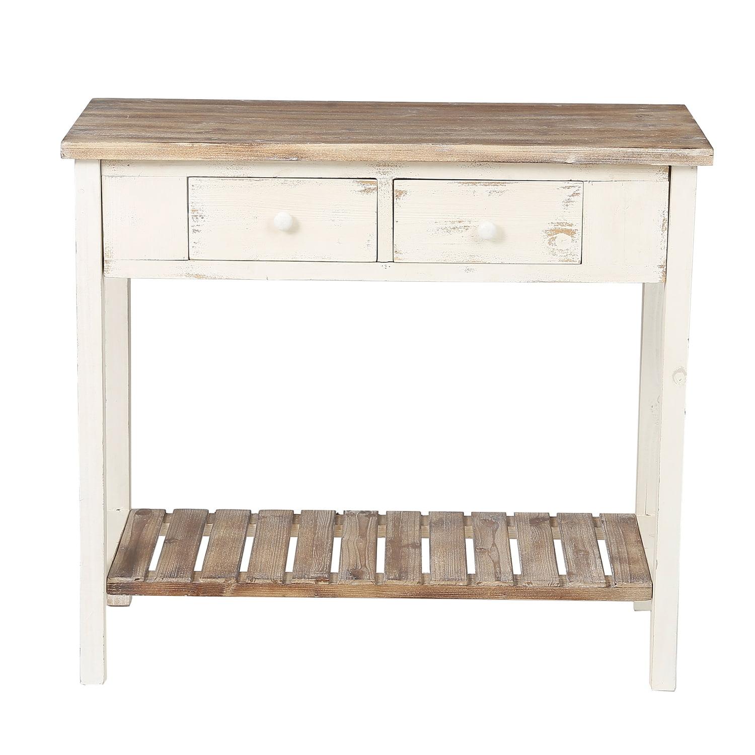 Vintage Distressed White and Natural Wood Console Table with Storage