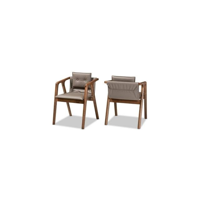 Baxton Studio 2pc Marcena Leather Upholstered and Wood Dining Chair Set Gray/Walnut Brown: Elegant Button-Tufted, Ergonomic Armrests