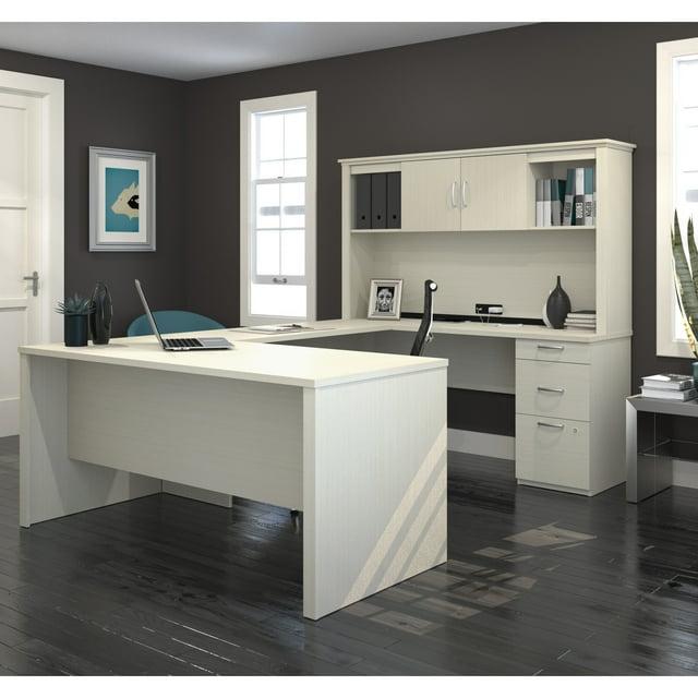 Bestar Logan Modern Wood U Shape Computer Desk with Hutch in White Chocolate