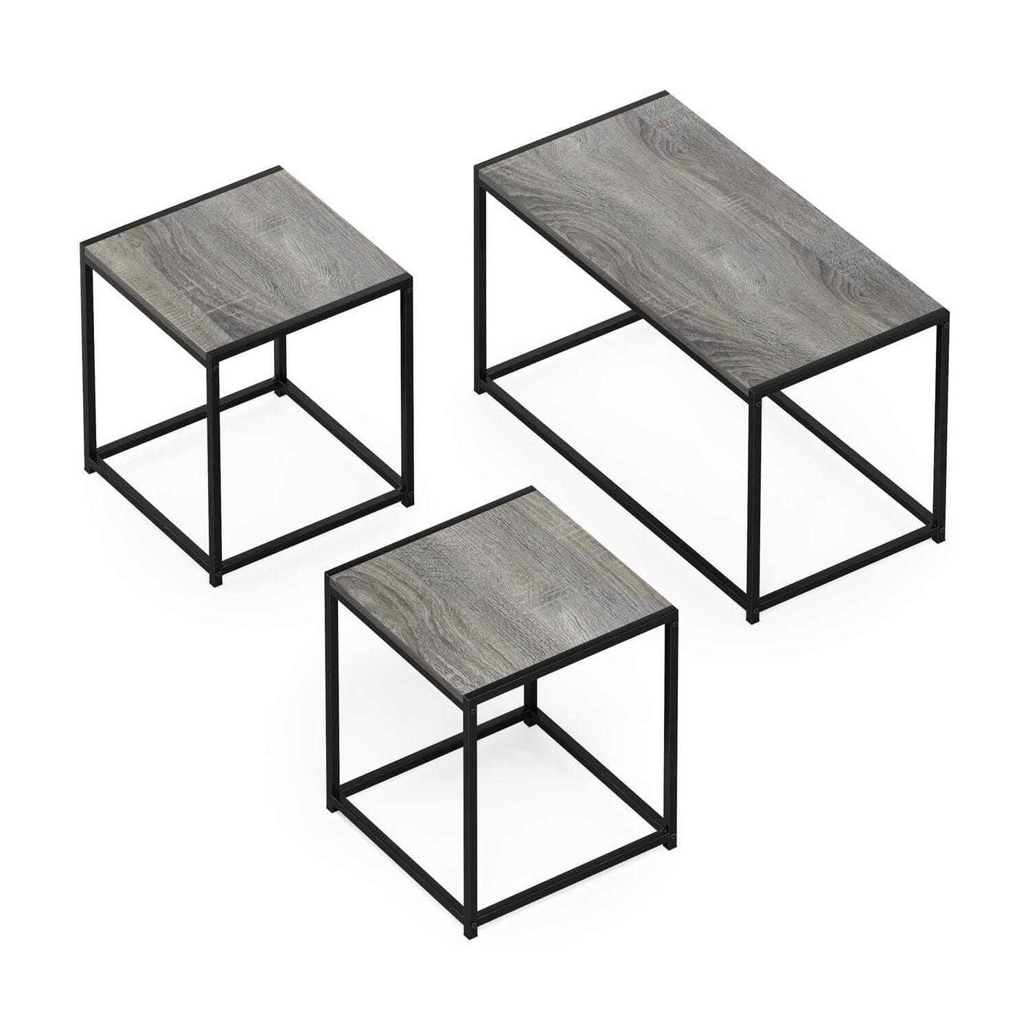 French Oak Gray and Black Metal Coffee and End Table Set