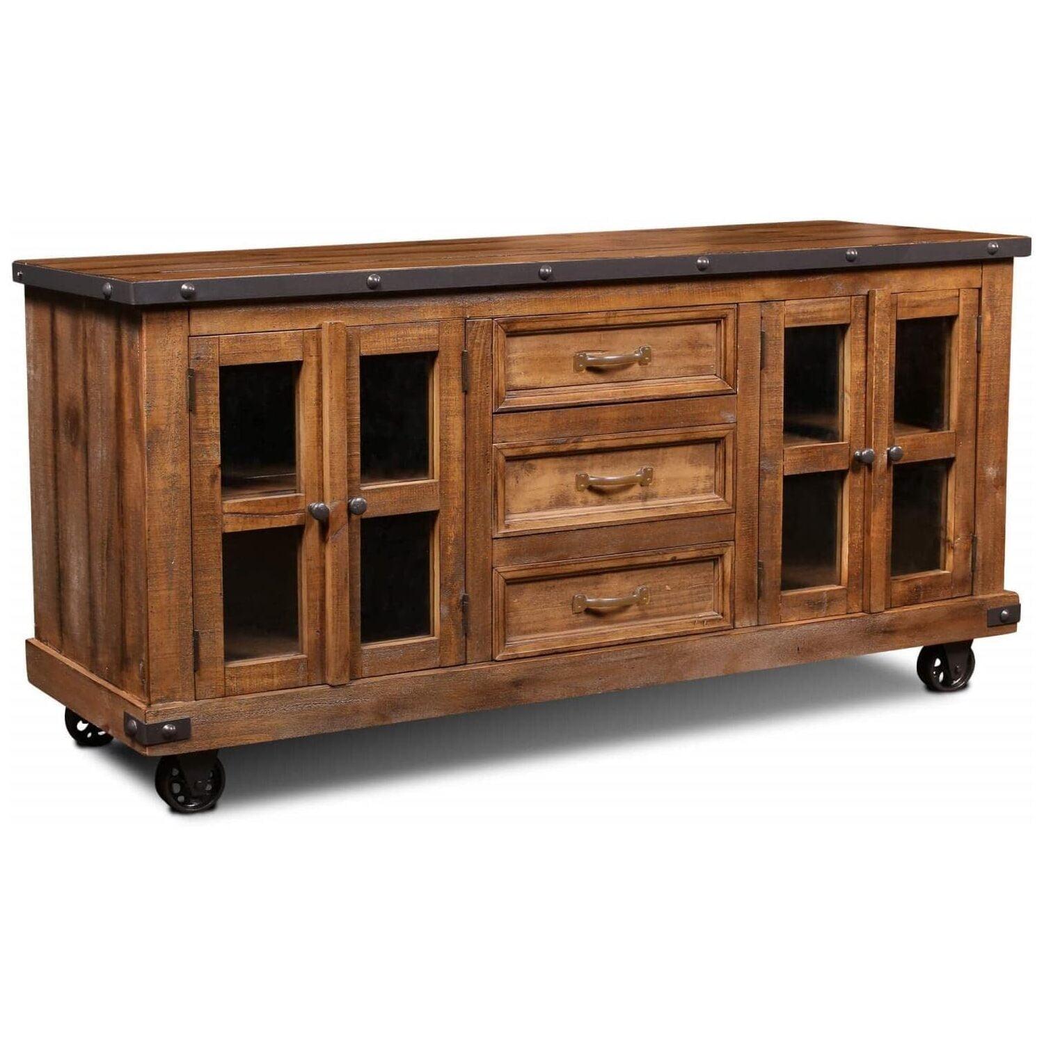 Rustic Farmhouse Mirrored Sideboard with Removable Casters