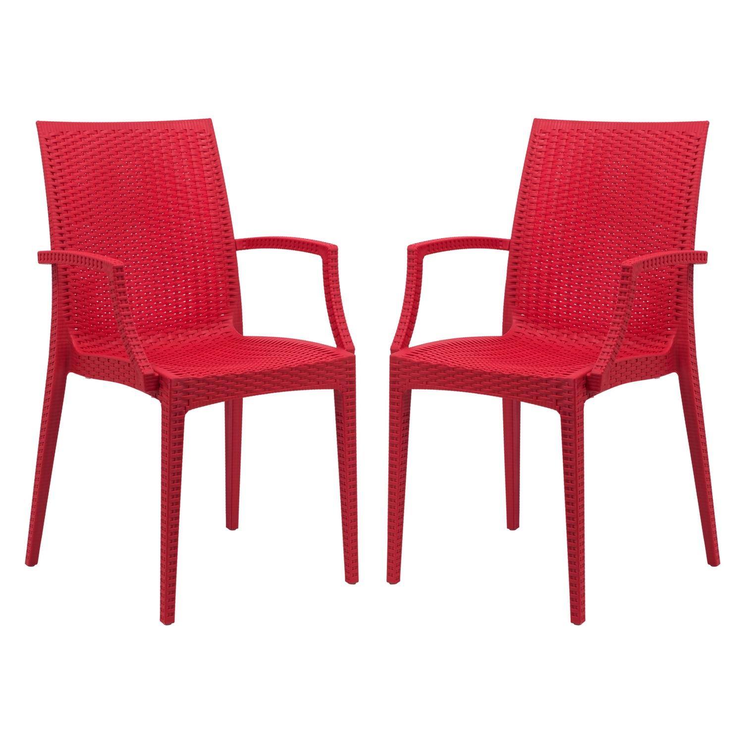 LeisureMod Mace Modern Dining Arm Chair for Indoor and Outdoor Home, Set of 2 in Red