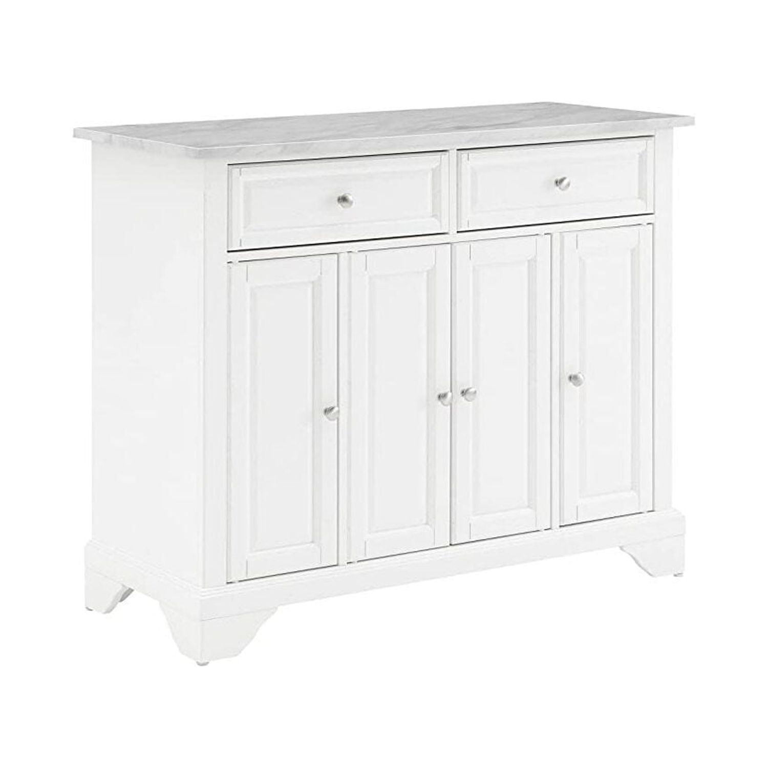 Avery Distressed White Kitchen Island Cart with Faux Marble Top