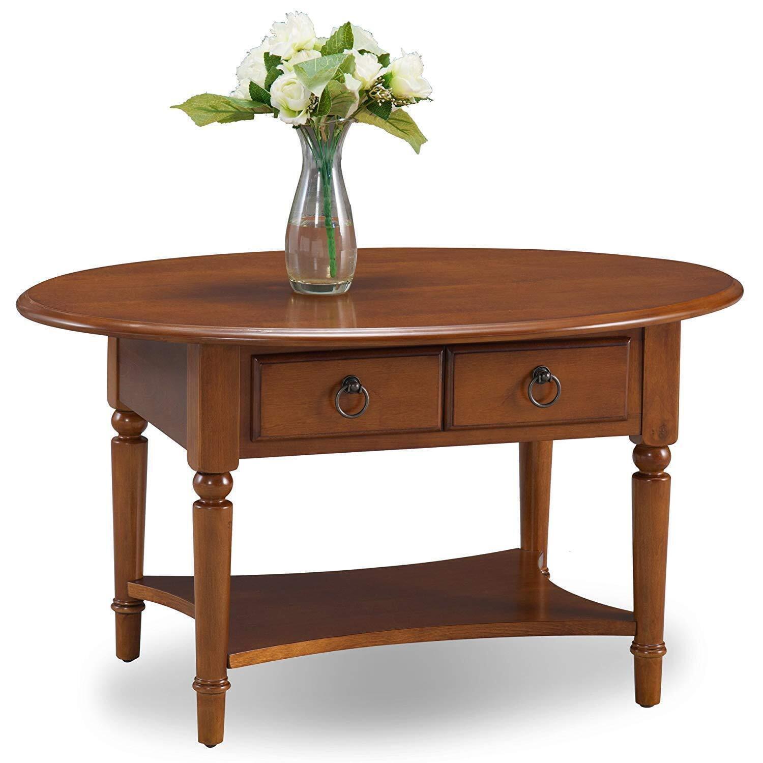 Pecan Oval Wood Coffee Table with Storage Drawer and Shelf