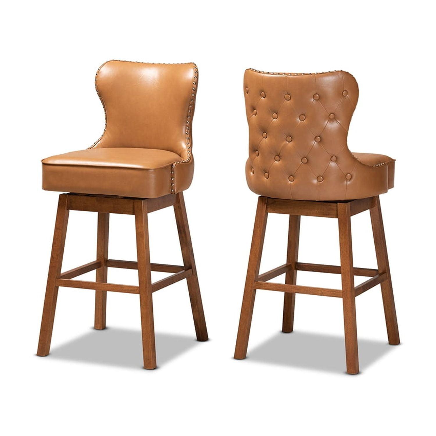 2pc Gradisca Tan Wood Swivel Barstool Set Brown - Baxton Studio: Upholstered, Nailhead Trim, Rectangle Shape