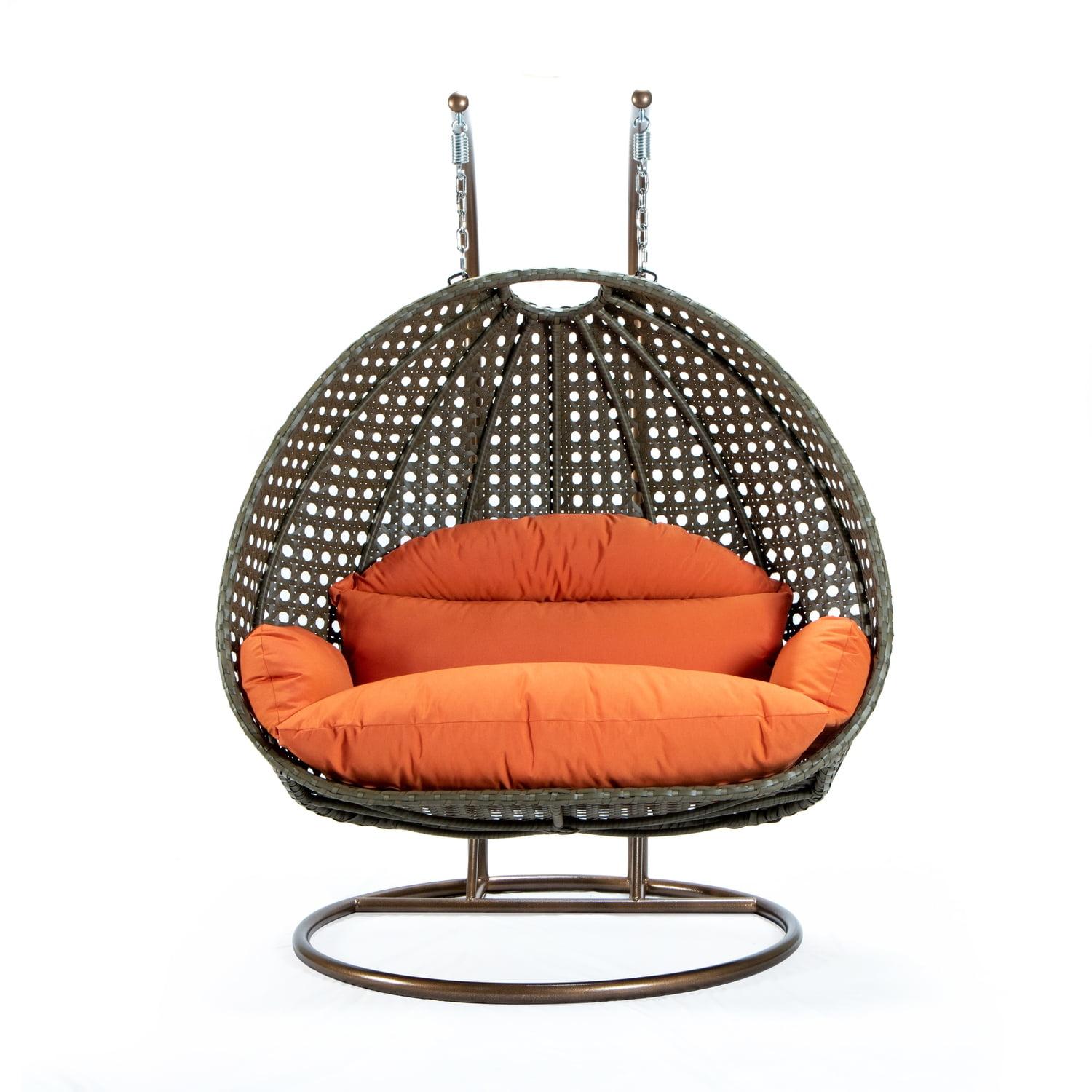 Rustic Wicker Hanging Egg Chair with Orange Cushions