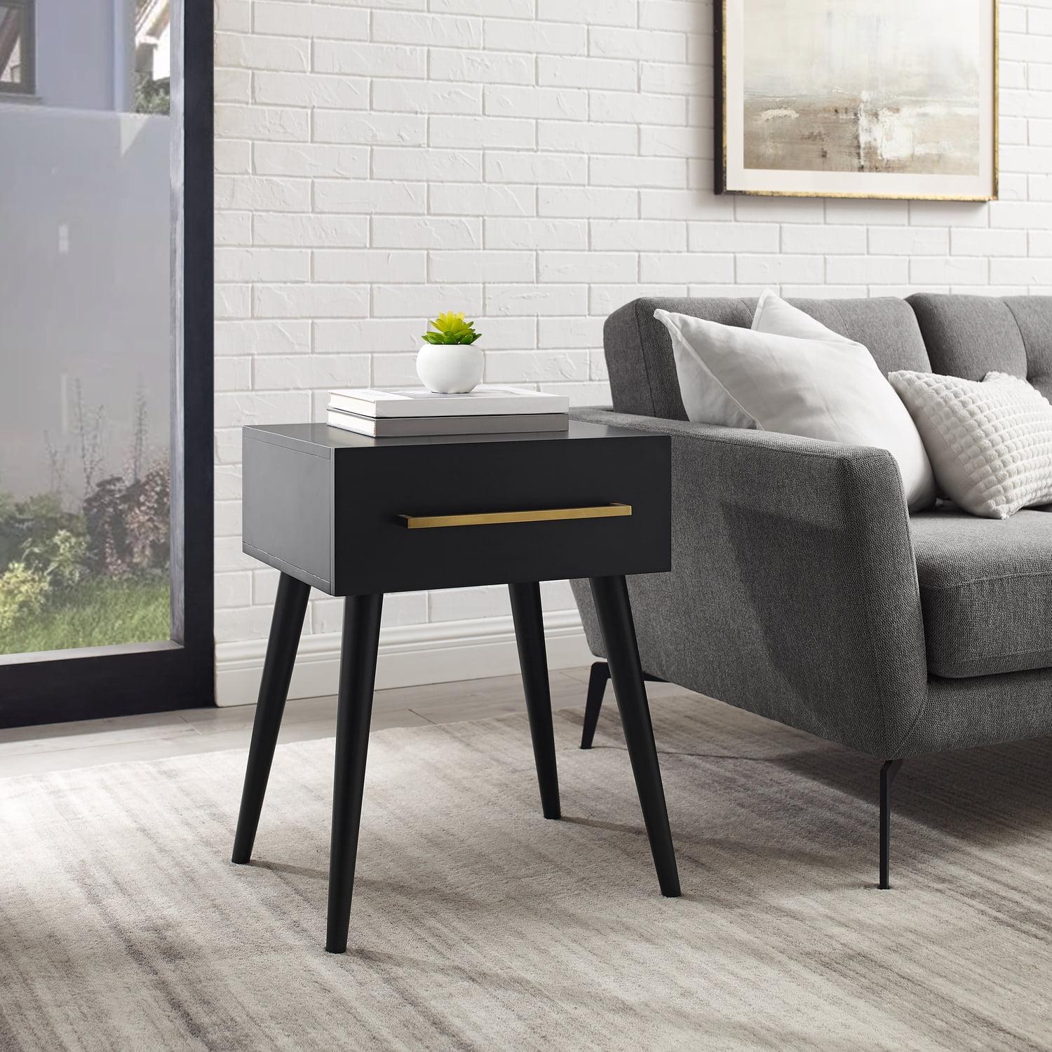 Everett End Table Matte Black - Crosley: Mid-Century Modern Design, Storage Drawer, Tapered Legs, Metal Hardware