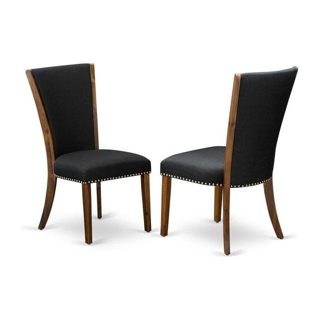 Verona Antique Walnut Wooden Frame Dining Chair with Black Linen Fabric Seat with Nail Head & Stylish Back - Set of 2