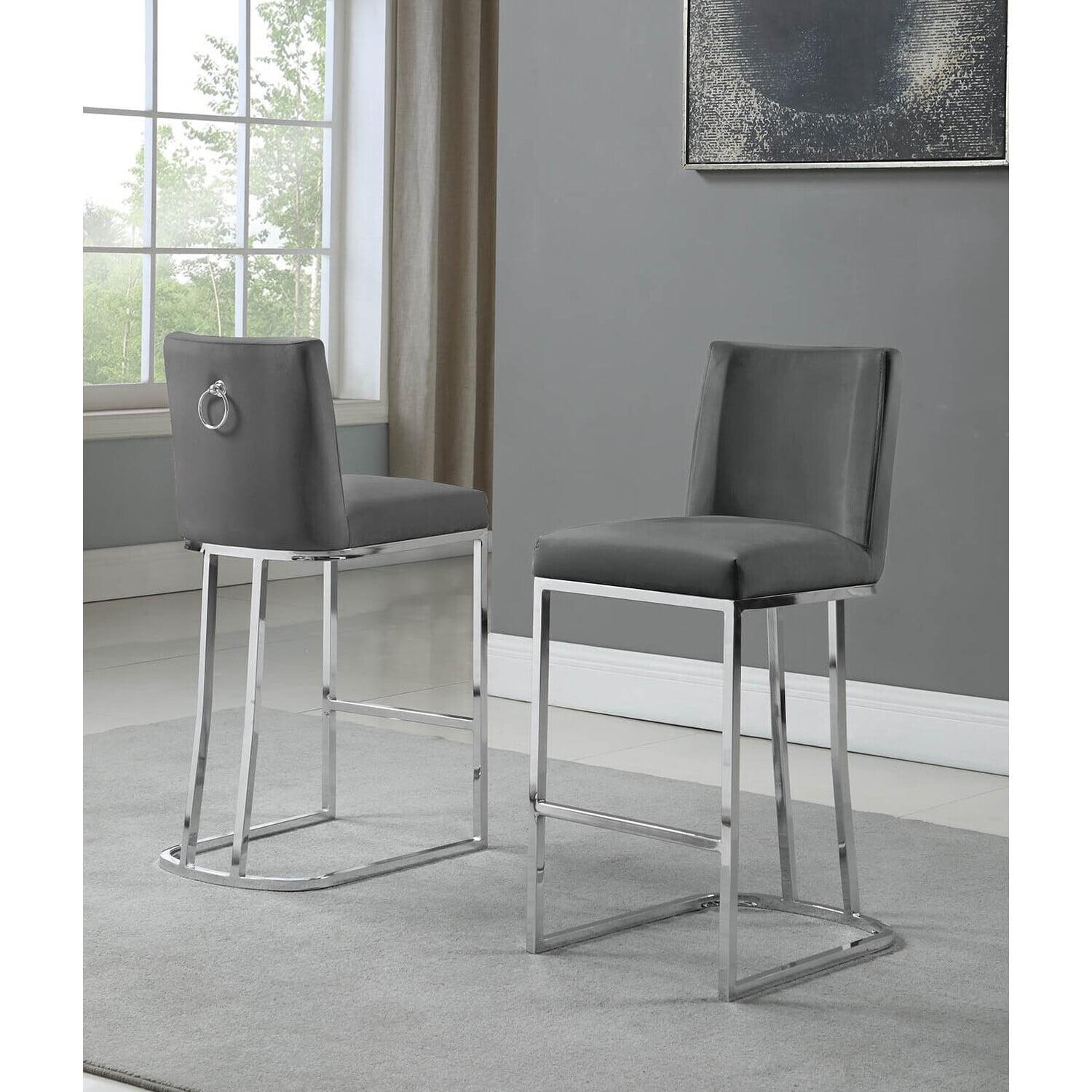 Silver and Dark Gray Velvet Upholstered Counter Stools with Chrome Legs, Set of 2