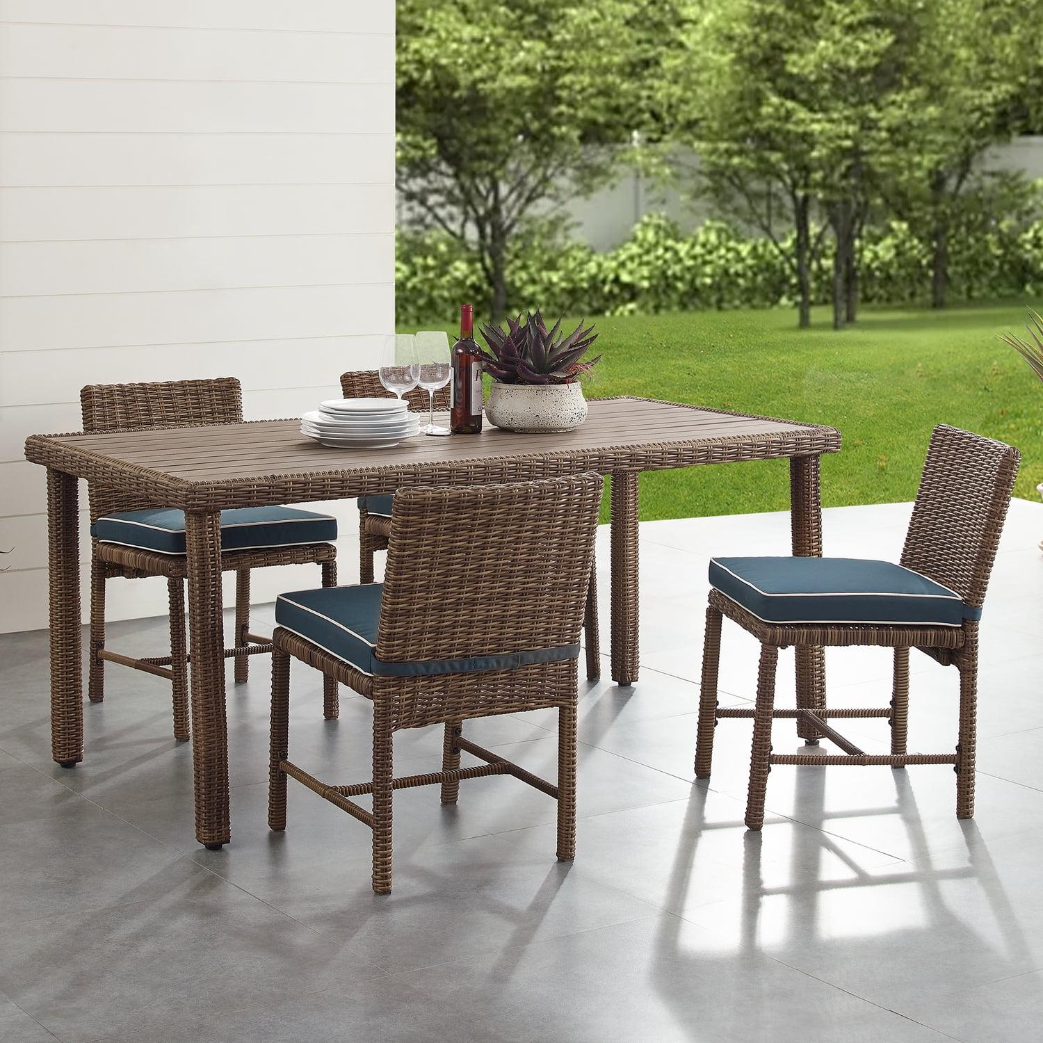 Weathered Brown Wicker 5-Piece Outdoor Dining Set with Navy Cushions