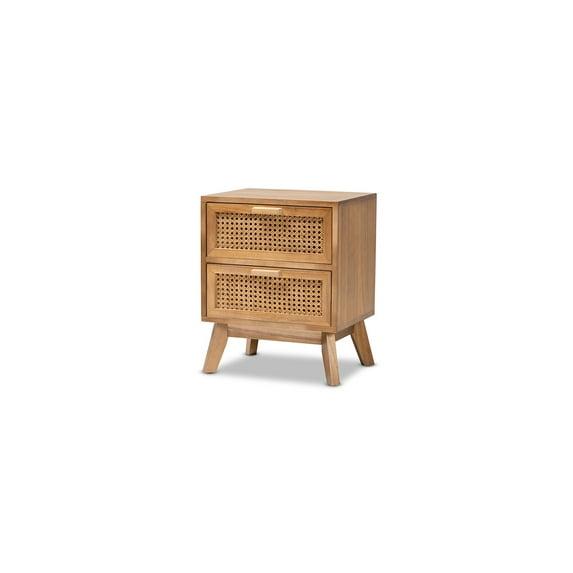 Baxton Studio Baden Mid-Century Modern Walnut Brown Finished Wood 2-Drawer End Table with Rattan