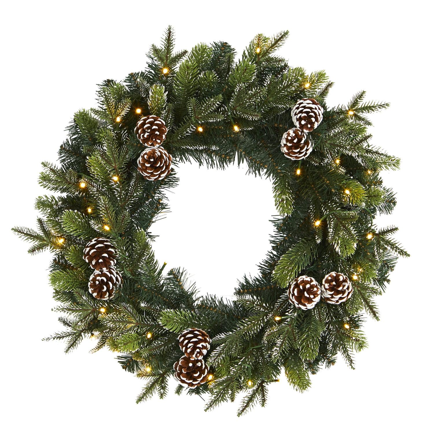 Nearly Natural 24” Snowed Pinecone Artificial Christmas Wreath with 35 Clear LED Lights