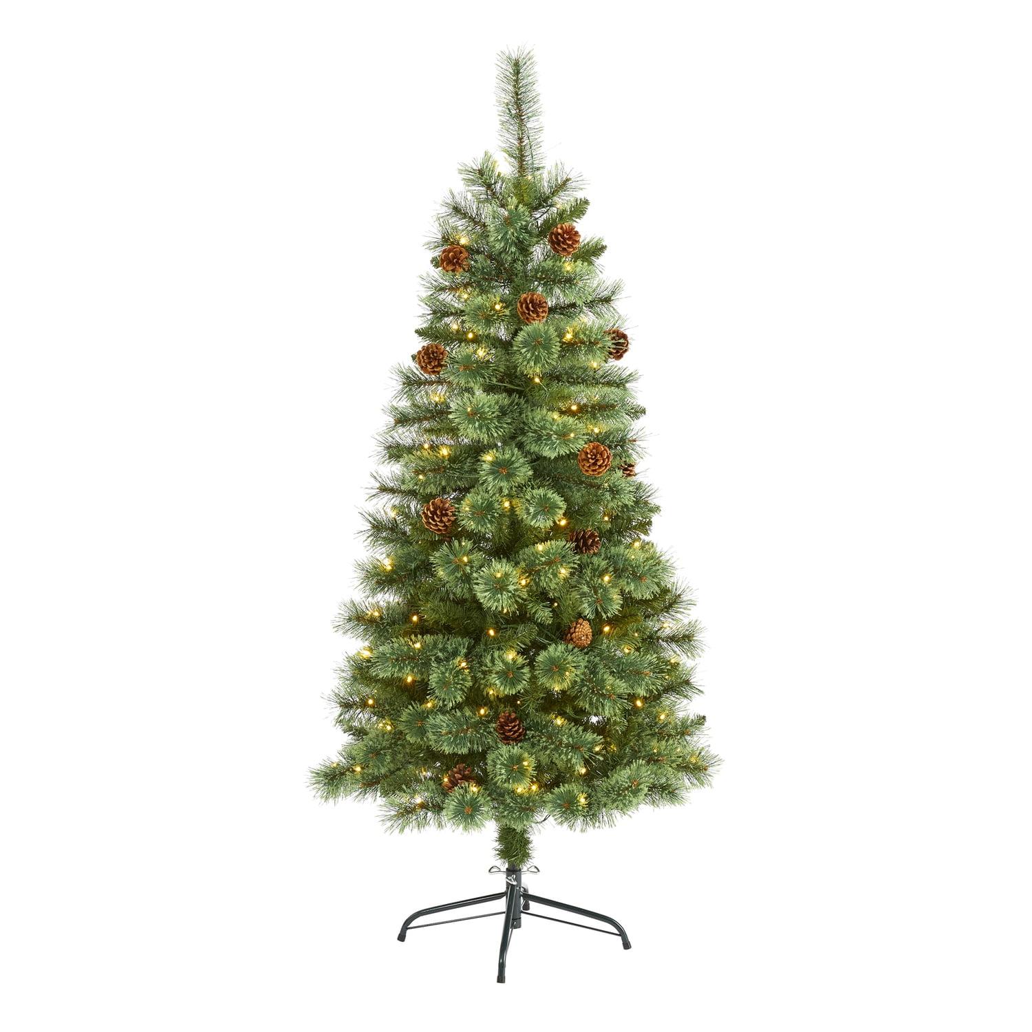 Nearly Natural Pre-Lit LED White Mountain Pine Artificial Christmas Tree with Pinecones Clear Lights