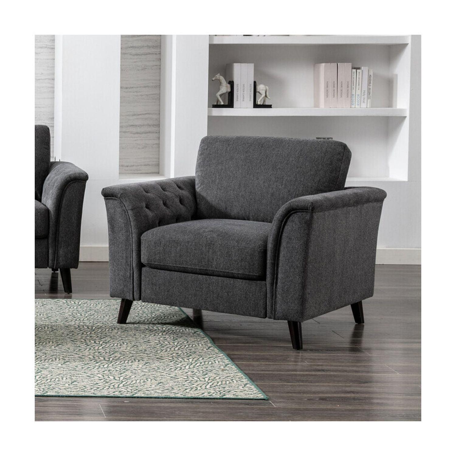 Southwestern Dark Gray Linen Chair with Tufted Arms and Mahogany Legs