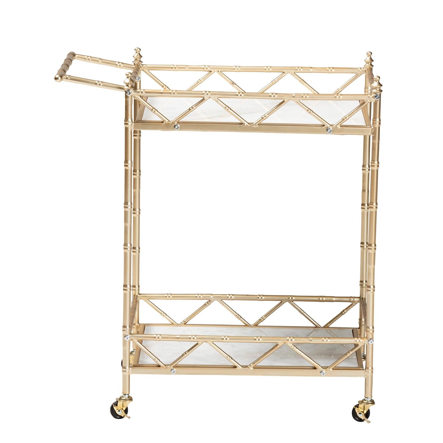 Gold Metal and White Marble 2-Tier Wine Cart with Storage